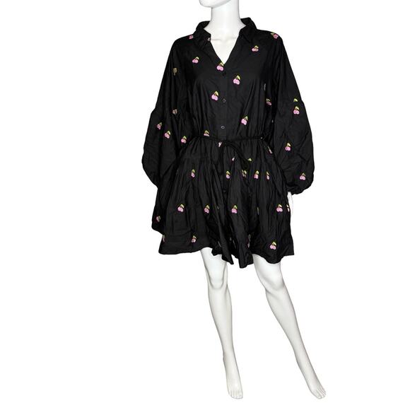 Avec Les Filles Women's Embroidered Ruffled-Hem Shirt Dress Black Sz 12 NWT - Picture 2 of 8